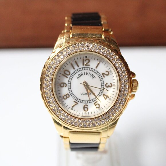 Adrienne Watch Womens Gold Tone Stainless Steel Rhinestones Mother Of Pearl Dial - Picture 1 of 8